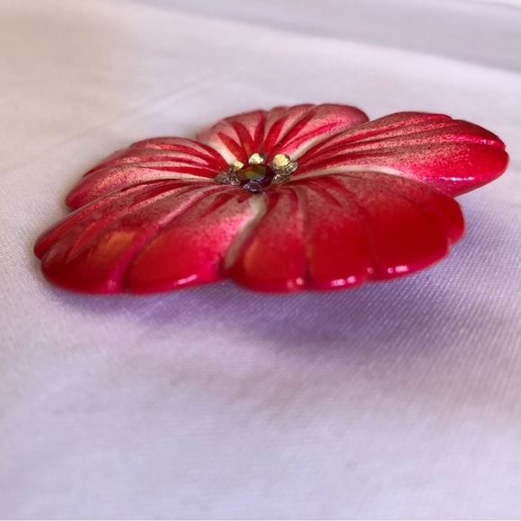 Fuchsia Red / Hot Pink Hibiscus Flower Pin with Rhinestones - Picture 5 of 8
